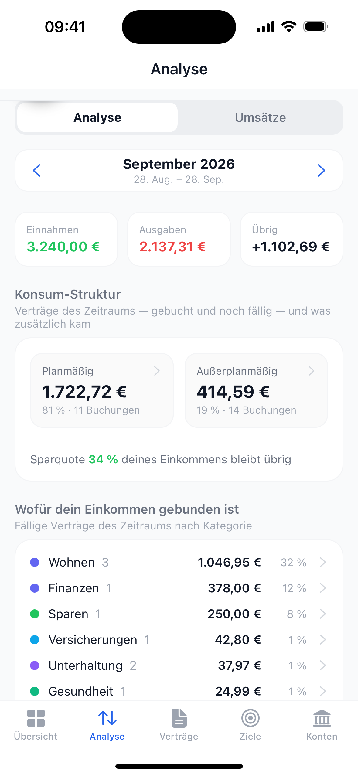 Analyse mit Einnahmen, Ausgaben, Konsum-Struktur und der Aufteilung des Einkommens nach Kategorie.