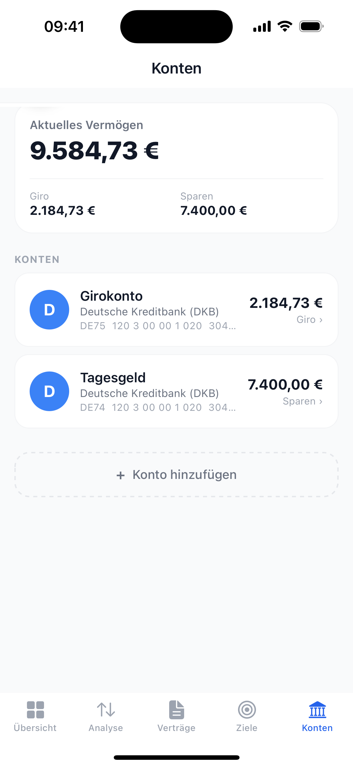 Kontenliste mit Gesamtvermögen und einzelnen Girokonten.